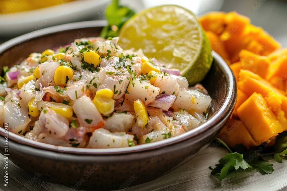 A bowl of ceviche garnished with lime and served with mango. A bowl of ceviche garnished with lime and served with mango.