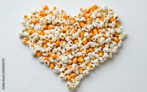 Popcorn arranged in the shape of a heart on an white background