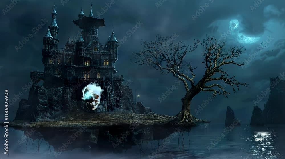Dark fantasy castle with glowing skull, lightning, and a full moon in stormy sky. Dark fantasy castle with glowing skull, lightning, and a full moon in stormy sky.
