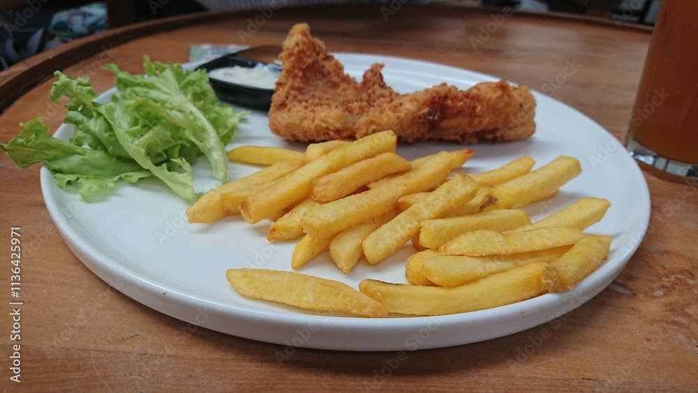 Crispy French Fries with Fried Chicken and Dipping Sauces Crispy French Fries with Fried Chicken and Dipping Sauces