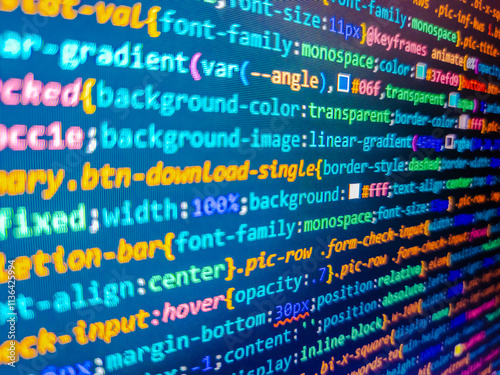 Source code programming on screen of computer. Javascript code. Programmer developer screen concept. Web server data on a monitor. Programmer monitor with php language code. Science concept.