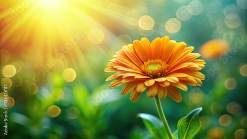 A vibrant orange flower basks in the warm sunlight, surrounded by a bokeh of green foliage.