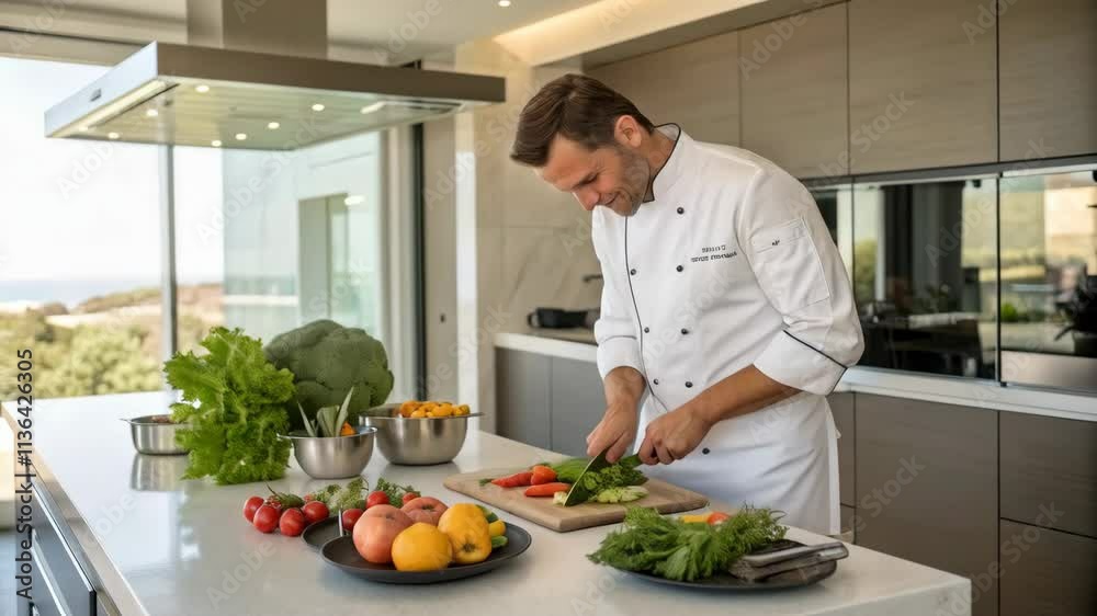 Professional Chef Preparing Fresh Vegetables in Modern Kitchen Professional Chef Preparing Fresh Vegetables in Modern Kitchen