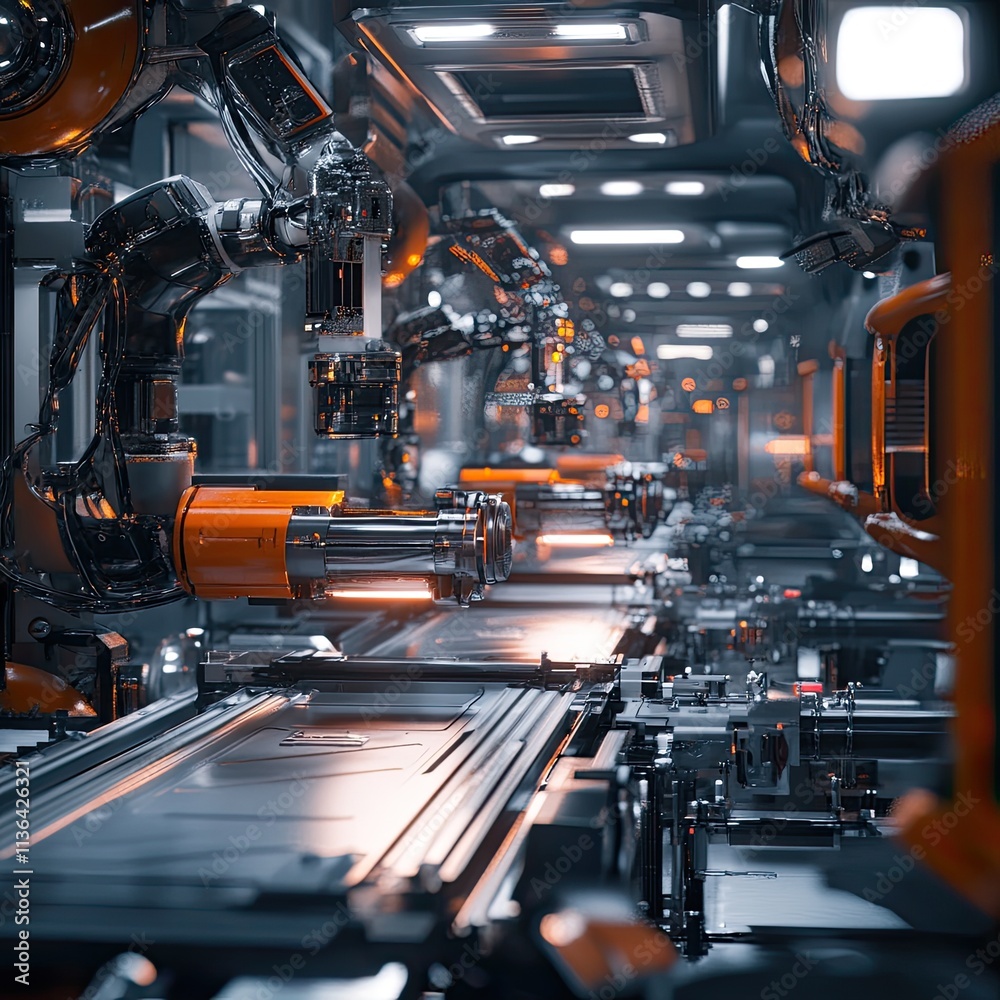 Futuristic robotic assembly line in a modern factory.