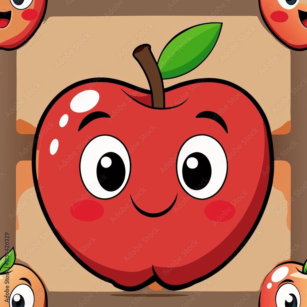 Cute smiling cartoon apple with big eyes and cheeks on brown background Cute smiling cartoon apple with big eyes and cheeks on brown background
