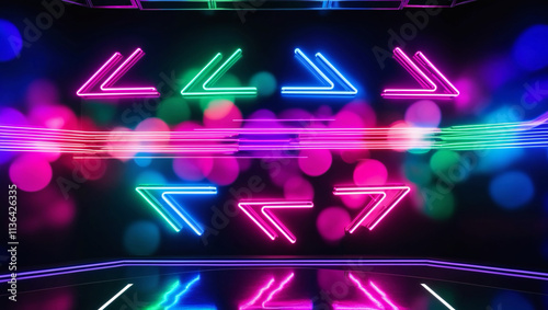 Neon lights in arrowhead lines of green, blue, pink, and violet hues illuminate an abstract background on a shiny reflecting stage. photo