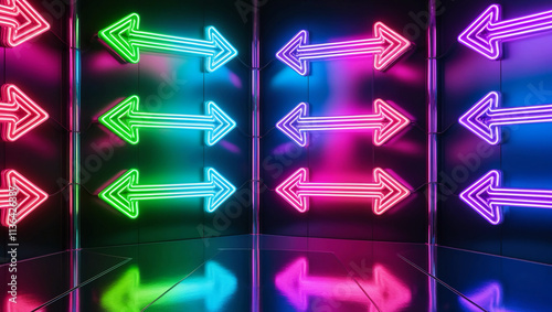 Neon lights in arrowhead lines of green, blue, pink, and violet hues illuminate an abstract background on a shiny reflecting stage. photo