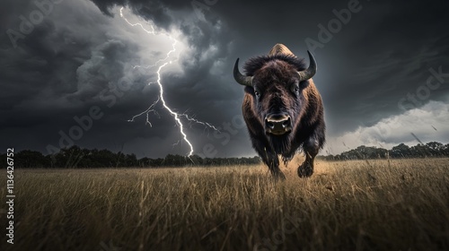 A powerful bison charges across the field under a dramatic stormy sky. Lightning strikes, capturing the wild energy of nature.