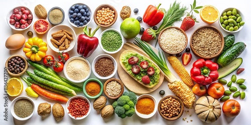 A Minimalist Set of Various Fresh Foods on a Clean White Background for Culinary Inspiration and Healthy Eating Concepts