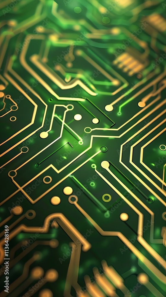 Obraz premium A close-up view of a green and gold circuit board design, showcasing intricate patterns and textures that represent modern technology. circuitboard pattern design wallpaper