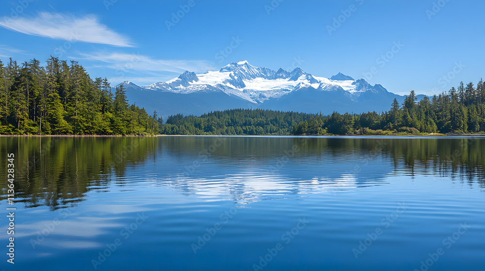 A tranquil lake with crystal-clear water reflects the majestic snow-capped mountain range and lush pine forest under a bright blue sky.
A tranquil lake with crystal-clear water reflects the majestic snow-capped mountain range and lush pine forest under a bright blue sky.