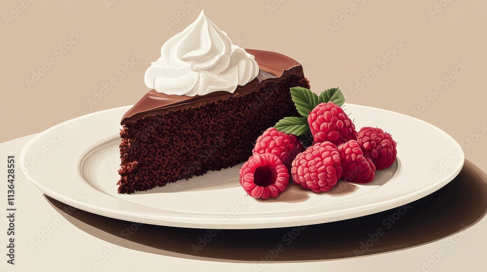 Chocolate cake with whipped cream and raspberries on plate, dessert illustration, gourmet treat, bakery art, food lover print Chocolate cake with whipped cream and raspberries on plate, dessert illustration, gourmet treat, bakery art, food lover print