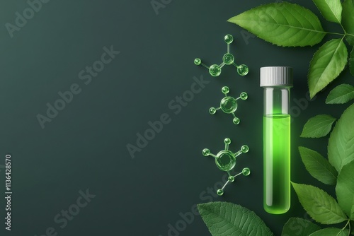 A green test tube with plant leaves and molecular structures on a dark background, highlighting the connection between nature and science.