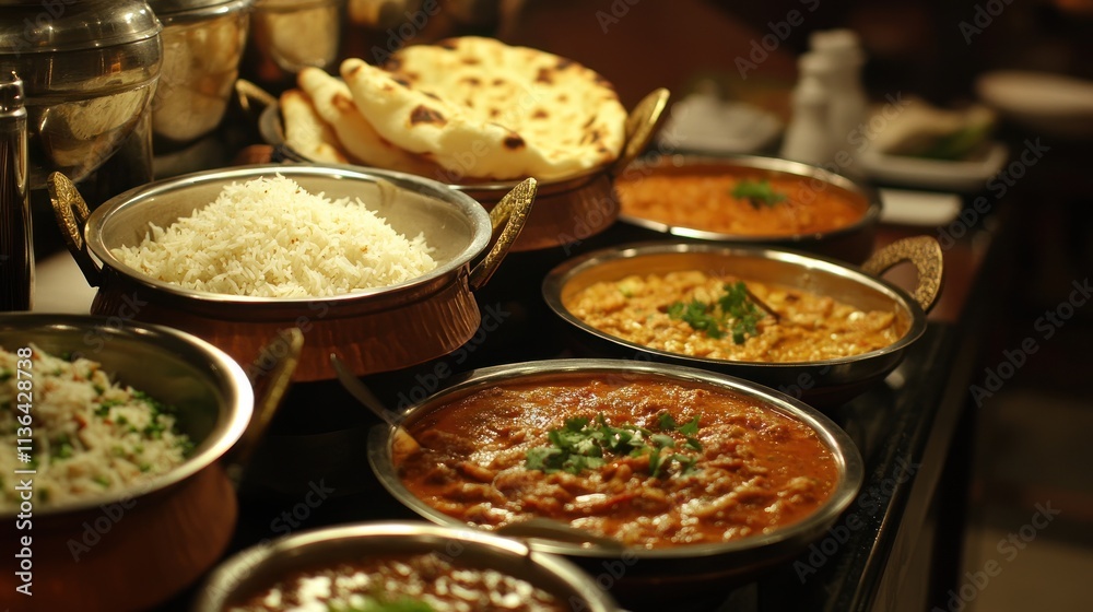 Indian food buffet with curries, naan, and rice. Indian food buffet with curries, naan, and rice.
