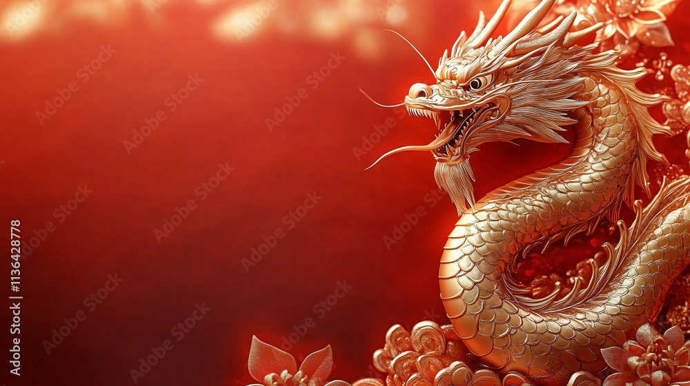 A majestic golden dragon coiling against a rich crimson background, ideal for Lunar New Year celebrations, symbolizing power and tradition in Asian culture. A majestic golden dragon coiling against a rich crimson background, ideal for Lunar New Year celebrations, symbolizing power and tradition in Asian culture.