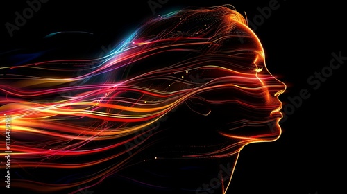 Abstract fiery female profile with flowing, luminous hair.