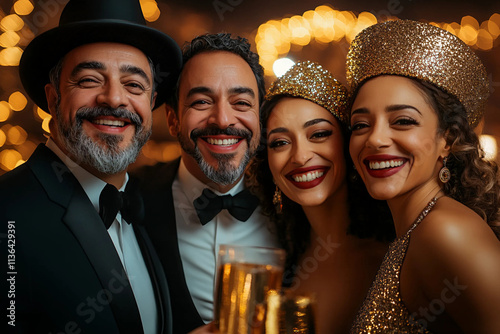 Grupo de personas sonríen durante la celebración de Año Nuevo photo