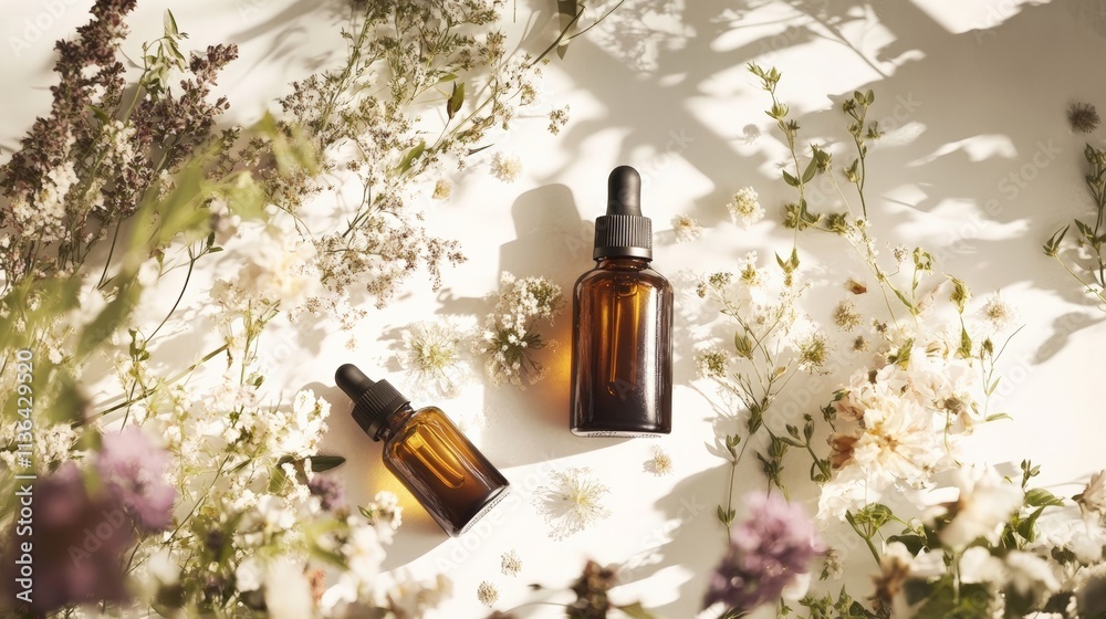 Natural Beauty Oils in Glass Bottles Surrounded by Fresh Flowers and Soft Light Natural Beauty Oils in Glass Bottles Surrounded by Fresh Flowers and Soft Light