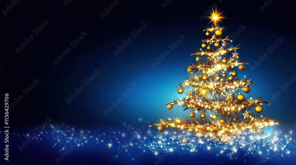 Christmas Tree with Golden Decorations Against Dark Blue Background, Soft Bokeh Lights, Versatile Holiday Greeting Card Template with Space for Text Christmas Tree with Golden Decorations Against Dark Blue Background, Soft Bokeh Lights, Versatile Holiday Greeting Card Template with Space for Text