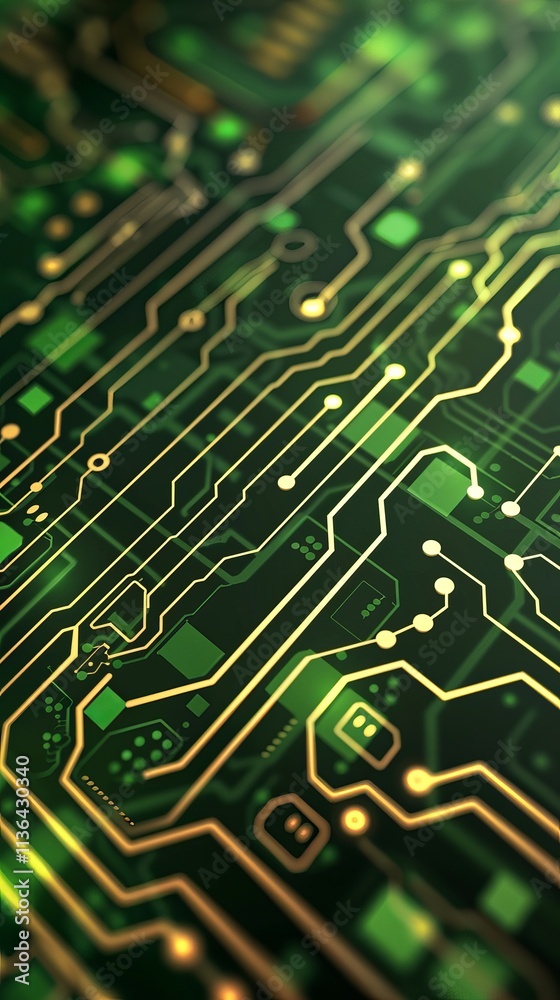 Close-up view of a complex green circuit board, showcasing intricate pathways and electronic components in a sleek, modern design. circuitboard pattern design wallpaper Close-up view of a complex green circuit board, showcasing intricate pathways and electronic components in a sleek, modern design. circuitboard pattern design wallpaper