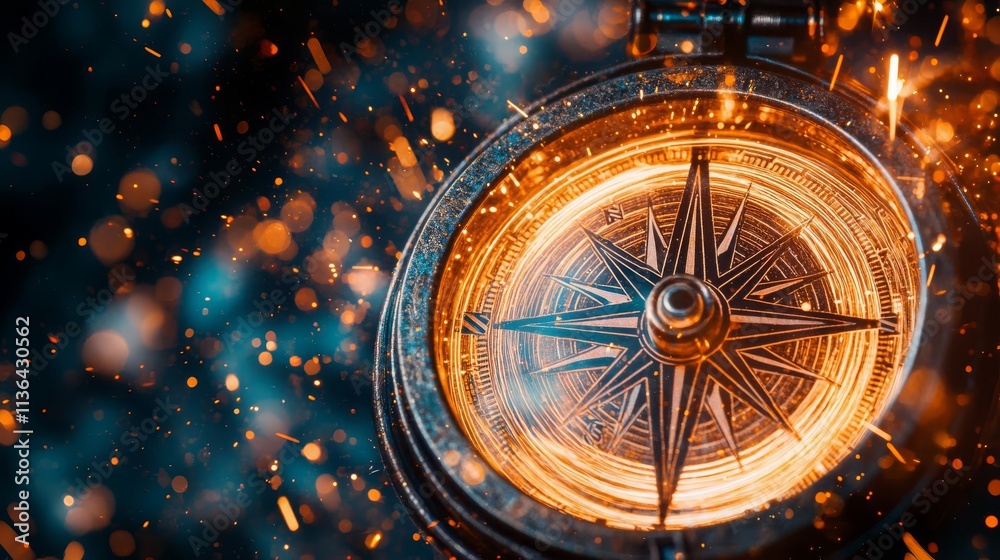 Obraz premium Leadership Freedom Celebration Illuminated compass against a sparkling background, symbolizing direction.