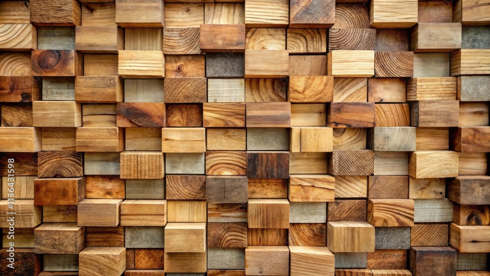 Fototapeta premium Textured Wooden Block Wall Design Featuring a Variety of Natural Wood Tones and Grain Patterns