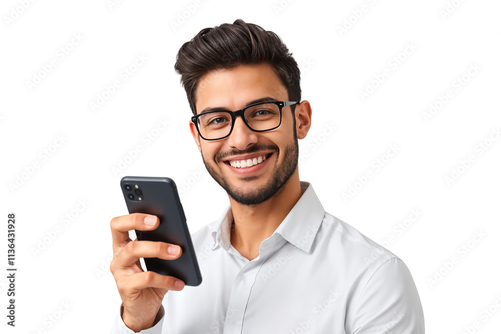 Young handsome businessman with smartphone, smiling nicely isolated on transparent background Young handsome businessman with smartphone, smiling nicely isolated on transparent background