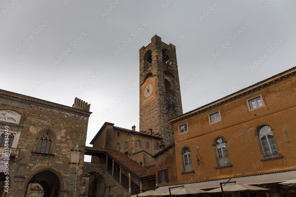 Scenic view of Bergamo streets and roofs. Citta Alta, town's upper district, known by cobblestone streets and encircled by Venetian walls. Bergamo, Lombardy, Italy.