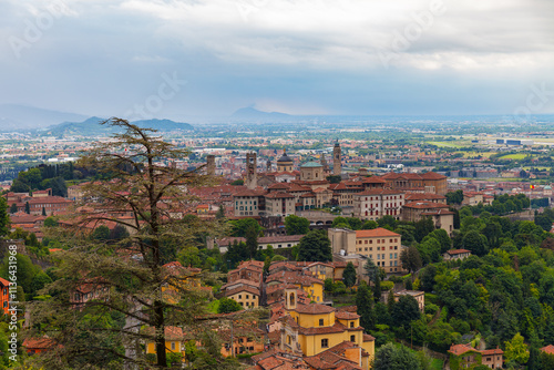 Panoramic view of Bergamo city, Lombardy, Italy. Picturesque spring view