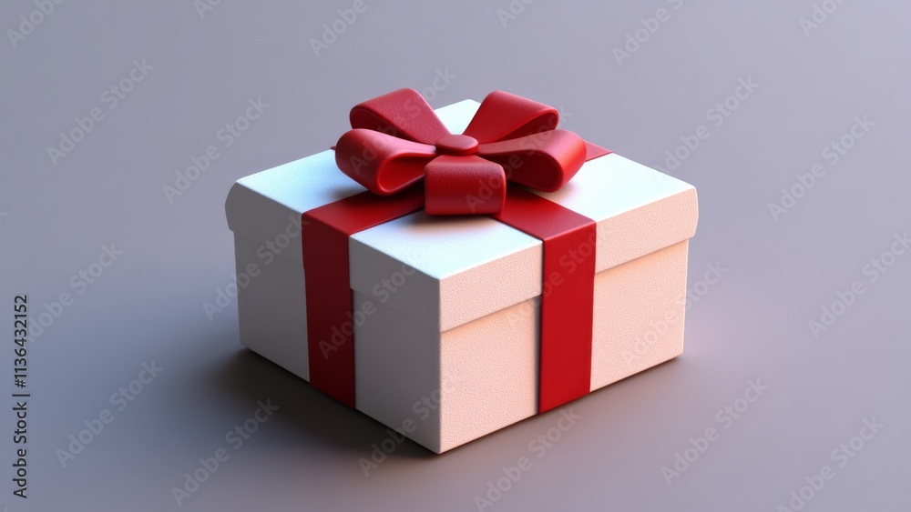 Beautiful white gift box with red ribbon and bow on minimal background