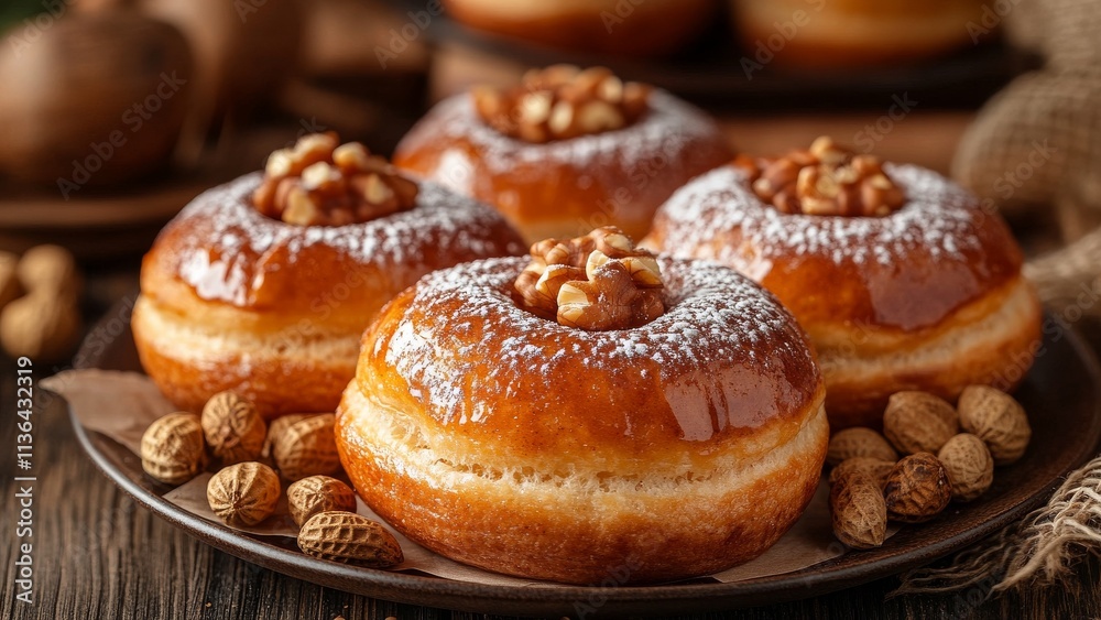 Freshly baked pastries topped with nuts on a wooden table Freshly baked pastries topped with nuts on a wooden table