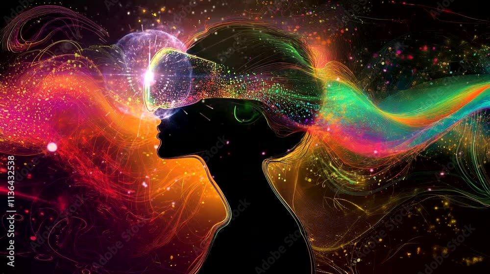 Futuristic virtual reality concept with a woman’s silhouette and vibrant light waves.