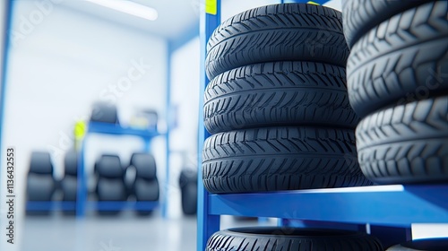 Tires stacked on blue shelves in a car tire shop showcasing various sizes and models for sale photo