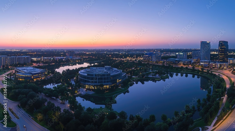 Serene Twilight Over Urban Landscape with Lakes and City Skyline Serene Twilight Over Urban Landscape with Lakes and City Skyline