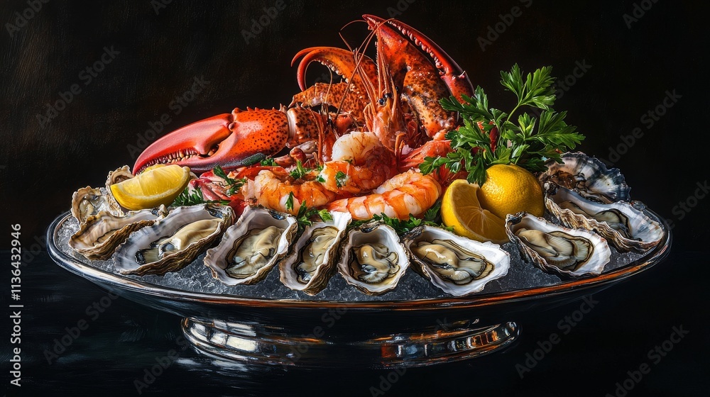 Luxurious seafood platter with lobster prawns oysters lemon garnish on ice delicious gourmet meal appetizing fresh ocean delicacies Luxurious seafood platter with lobster prawns oysters lemon garnish on ice delicious gourmet meal appetizing fresh ocean delicacies