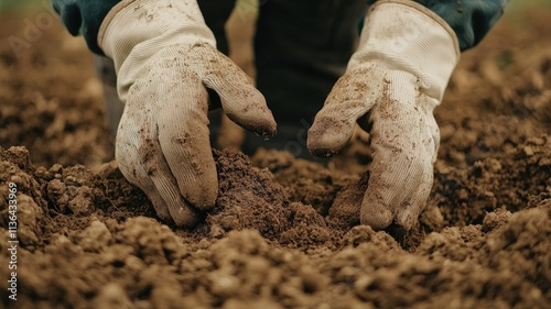 Gardening as a Peaceful and Mindful Hobby. Gardener's hands planting in rich, dark soil. photo