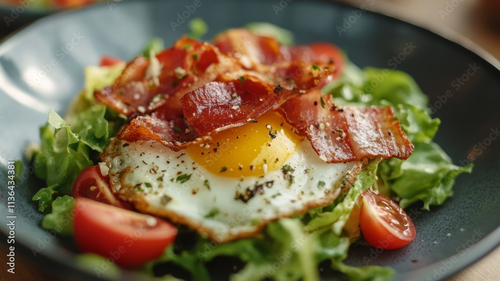 Breakfast salad with fried egg and crispy bacon on a dark plate Breakfast salad with fried egg and crispy bacon on a dark plate