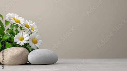 A serene arrangement of white flowers and smooth stones, perfect for peaceful decor and natural aesthetics.