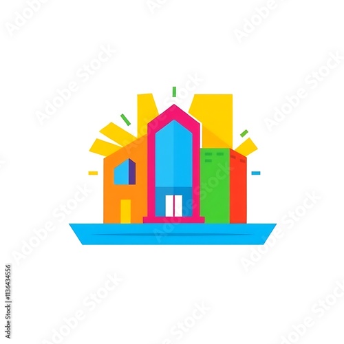 Colorful Dream Homes: A vibrant, playful illustration of diverse houses under a cheerful sun, symbolizing community, unity, and the joy of homeownership. Perfect for real estate, family. photo