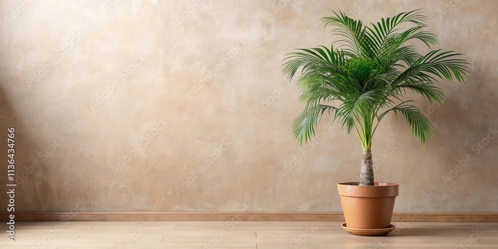 A potted palm tree stands against a textured wall in a minimalist interior design setting A potted palm tree stands against a textured wall in a minimalist interior design setting
