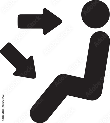 The illustration of a silhouette icon of a stickman sitting with an arrow pointing backward