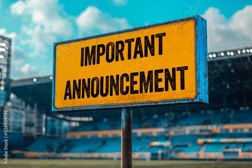 Important announcement message written on yellow metal signpost. Conceptual important announcement symbol.
