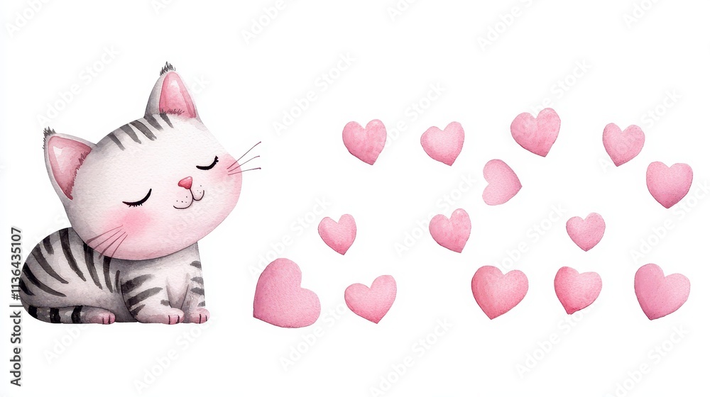 Cute cartoon cat surrounded by pink hearts, expressing love and affection. Cute cartoon cat surrounded by pink hearts, expressing love and affection.