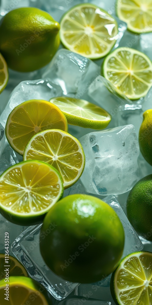 Fresh limes and lemon slices resting on ice in a vibrant display captured in a bright setting Fresh limes and lemon slices resting on ice in a vibrant display captured in a bright setting