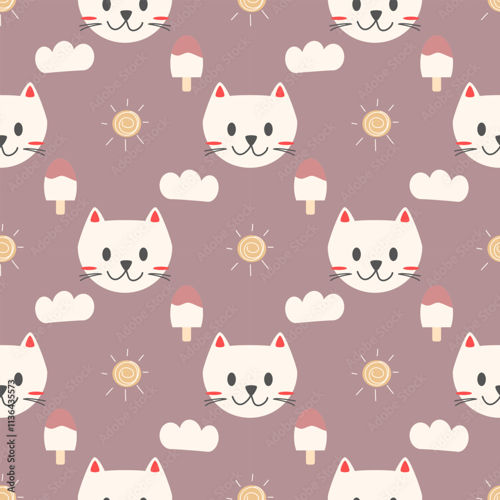 Fototapeta premium Face cat cartoon so cute. On cloud ice cream sun background. Pattern seamless vector illustration.