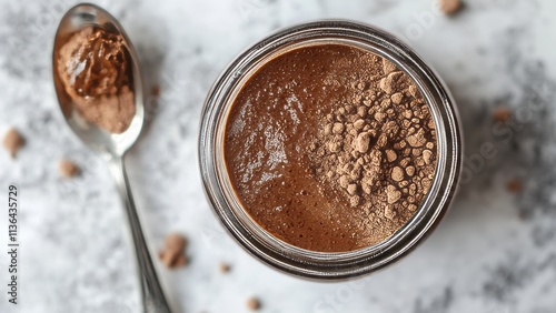 Delicious chocolate spread with rich texture in a glass jar