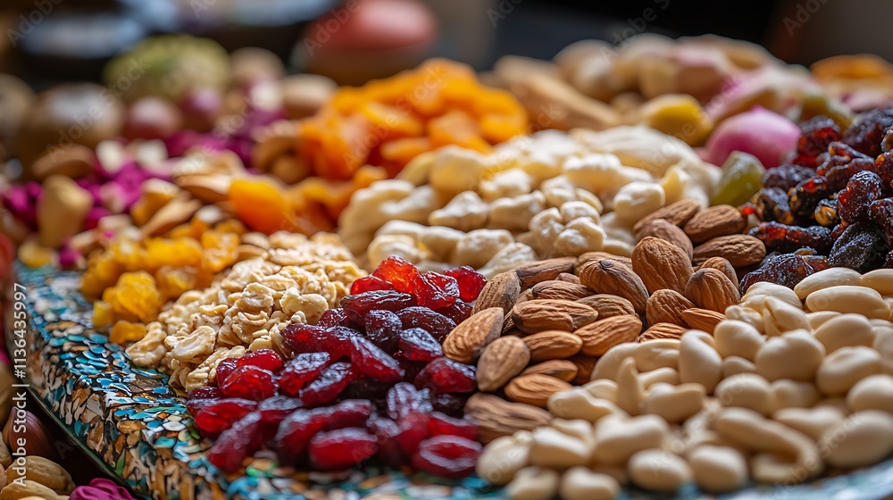 A close-up of a beautifully decorated tray of togetherness, featuring an assortment of sweet and savory snacks, nuts, and dried fruits A close-up of a beautifully decorated tray of togetherness, featuring an assortment of sweet and savory snacks, nuts, and dried fruits