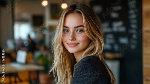 Cheerful young blonde woman radiating happiness and positivity while enjoying her time in a cozy coffee shop