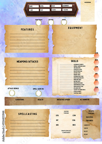 DND RPG CHARACTER SHEETS, SHEETS FOR TABLETOP ROLEPLAYING GAMES, DUNGEONS AND DRAGONS CHARACTER JOURNAL