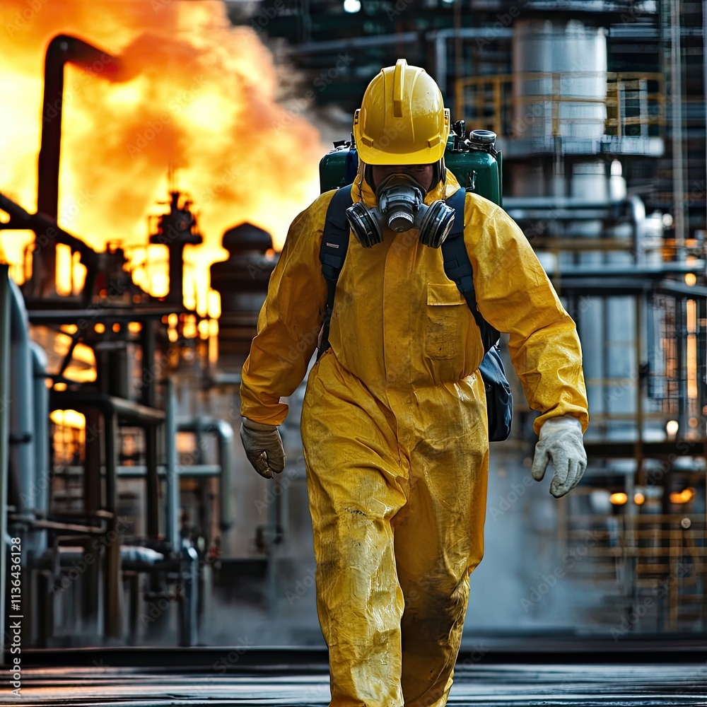 Hazmat worker in yellow suit walking through an industrial plant with fire in the background. Hazmat worker in yellow suit walking through an industrial plant with fire in the background.